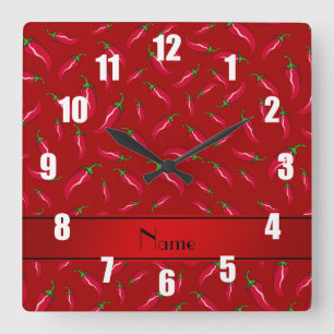Personalisierter roter Chilinamenspfeffer Quadratische Wanduhr