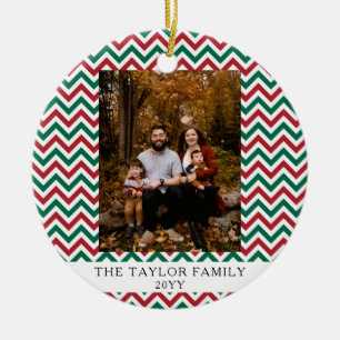 Personalisierter roter grüner Chevron-Weihnachtsfo Keramik Ornament