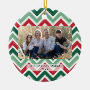 Personalisierter roter grüner Chevron-Weihnachtsfo Keramik Ornament