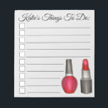 Personalisierter Roter Lipstick Nagel Polnisch für Notizblock<br><div class="desc">Die Notizblock-Konstruktion im List-Stil bietet eine originale Marker-Abbildung eines Röhrchens aus rotem Lippenstift und einer Flasche aus rotem Nagellack. Ideal für alle Liebhaber von Mode und Make-up. Personalisieren Sie einfach mit Ihren Informationen. Viele zusätzliche illustrierte Notizblöcke sind auch in diesem Shop erhältlich. Dieses Design ist auch auf anderen Produkten erhältlich....</div>