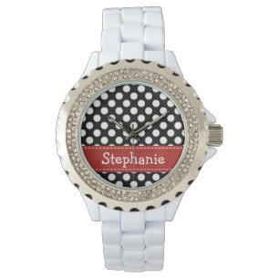 Personalisierter roter Schwarzweiss-Polka-Punkt Armbanduhr