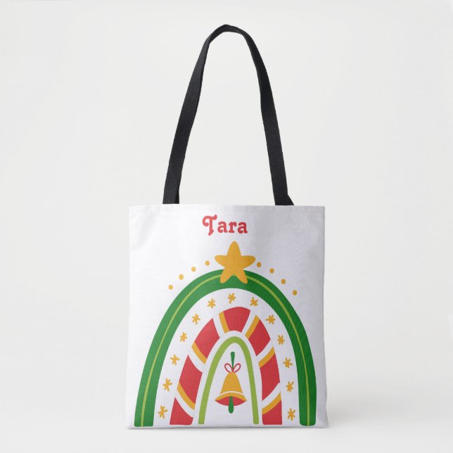 Personalisierter Roter und grüner Weihnachtsregenb Tasche (Vorderseite)