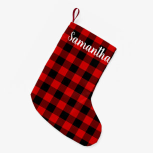 Personalisierter roter und schwarzer Büffel-Karo Kleiner Weihnachtsstrumpf