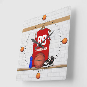 Personalisierter roter und weißer Basketball Quadratische Wanduhr
