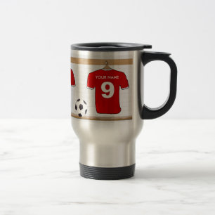 Personalisierter roter und weißer Fußball-Fußba Reisebecher
