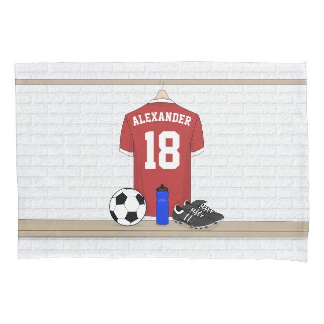 Personalisierter roter und weißer Fußball-Fußball Kissenbezug (Vorderseite)