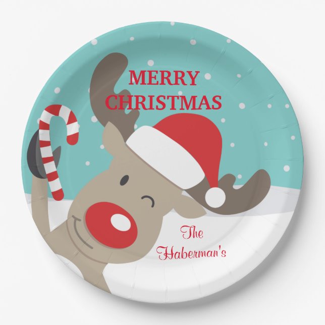 Personalisierter Rudolph Rentier mit Candy Cane Pappteller (Vorderseite)