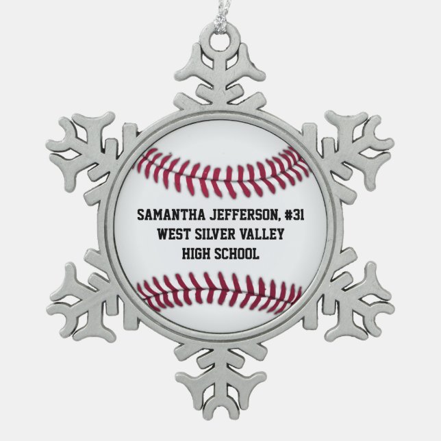 Personalisierter runder Baseball-Sport Schneeflocken Zinn-Ornament (Vorderseite)