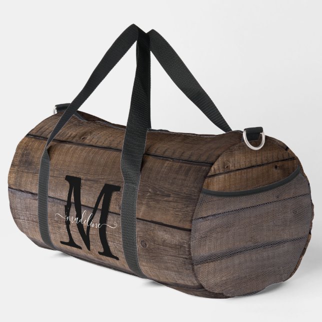 Personalisierter Rustikal-Brown-Monogram-Skriptnam Duffle Bag (Rechte Ecke)