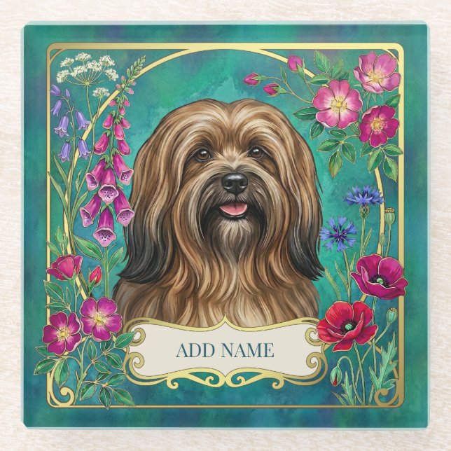 Personalisierter Sable Lhasa Apso Blumen Glasunter Glasuntersetzer (Vorderseite)