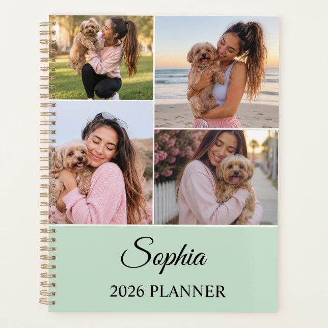 Personalisierter Salbeigrüner Foto-Collage-Planer  Planer (Vorderseite)