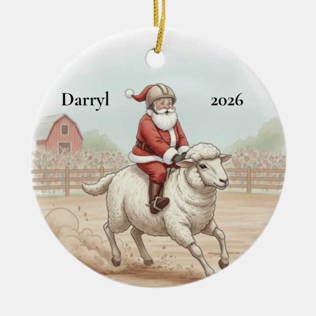 Personalisierter Santa beim Mutton Busting Keramik Ornament (Vorne)