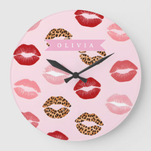 Personalisierter Schicker Rosa Leoparden-Druck Lip Große Wanduhr