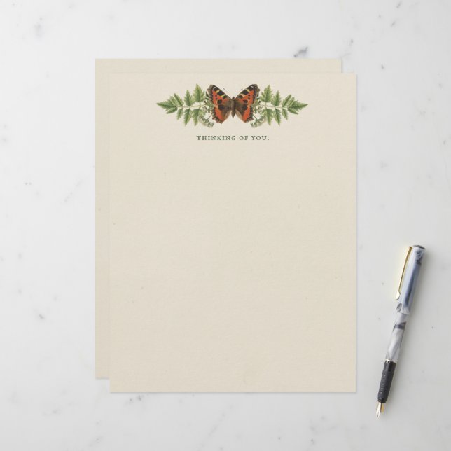 Personalisierter Schmetterling Botanischer Vintag Briefbogen (Vorderseite/Rückseite Beispiel)