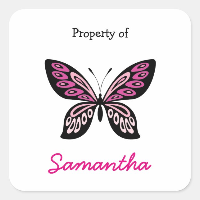 Personalisierter Schmetterling in heißen Rosa Quadratischer Aufkleber (Vorderseite)