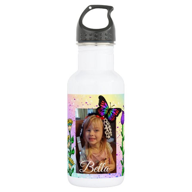 Personalisierter Schmetterling und Blume Foto und  Edelstahlflasche (Vorderseite)