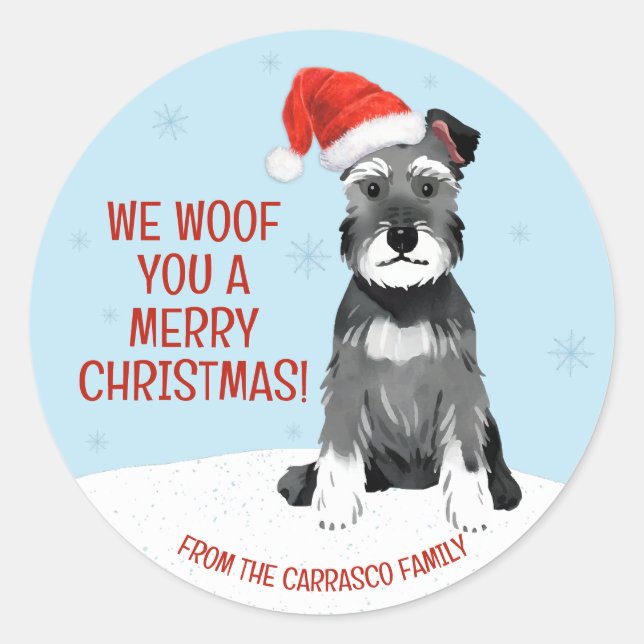Personalisierter Schnauzer mit Weihnachtsmannmütze Runder Aufkleber (Vorderseite)
