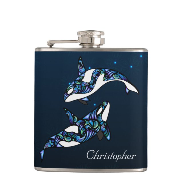 Personalisierter schöner Strand von Orca Whales We Flachmann (Vorderseite)