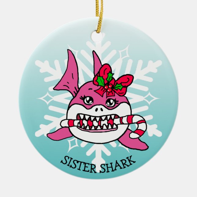 Personalisierter Schwanzhai und Schneeflocke Keramik Ornament (Vorne)