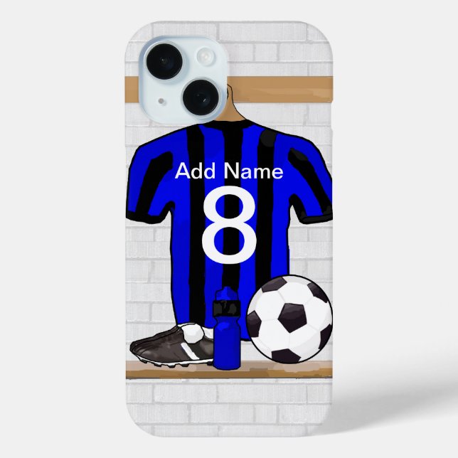 Personalisierter Schwarz-Blau-Fußball-Fußball-Fußb iPhone 15 Hülle (Rückseite)