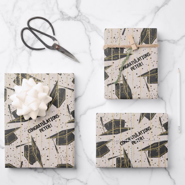 Personalisierter Schwarz/Gold-Abschluss Geschenkpapier Set (Vorderseite)