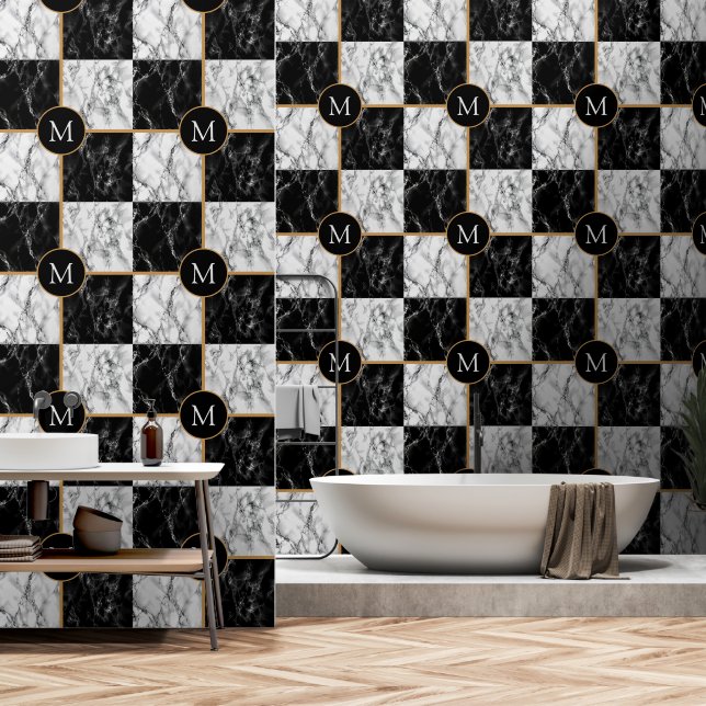 Personalisierter Schwarz-weißer Karo Tapete (Badezimmer)