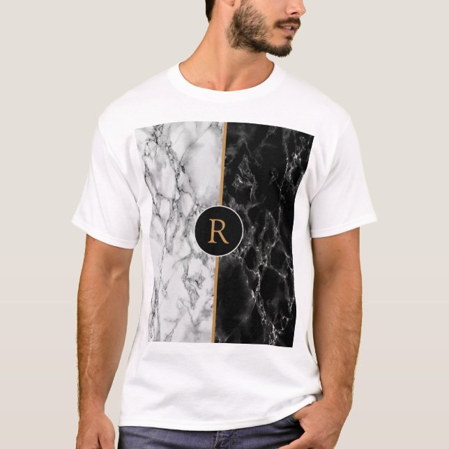 Personalisierter Schwarz-weißer Marmormonogramm-T  T-Shirt (Vorderseite)