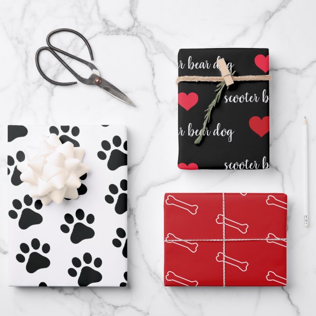 Personalisierter Schwarz-weißer Red Dog Themenurla Geschenkpapier Set (Vorderseite)