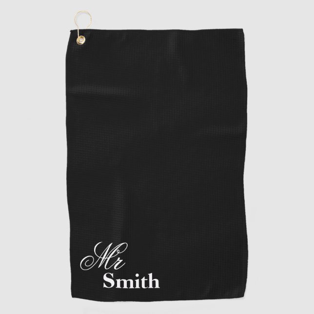 Personalisierter Schwarz-weißer Smith Herr-Name Golfhandtuch (Vorderseite)