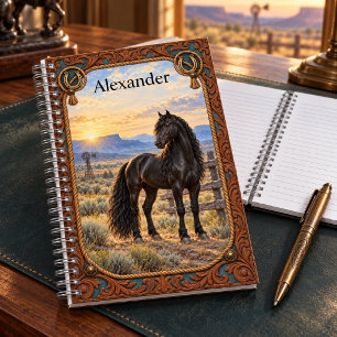 Personalisierter schwarzer Andalusier Western Ranc Notizbuch