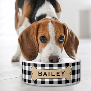 Personalisierter schwarzer Büffel-Karo Hund Knoche Napf