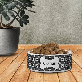 Personalisierter schwarzer Gingham mit Paw Prints  Napf