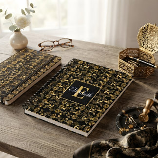 Personalisierter schwarzer Gold-Blumenname Notizbuch