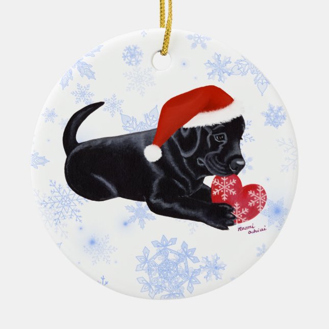 Personalisierter schwarzer Labrador-Welpen-Sankt Keramikornament (Vorne)