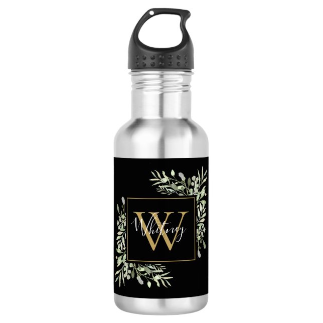 Personalisierter Schwarzer Monogramm-Grüner Edelstahlflasche (Vorderseite)