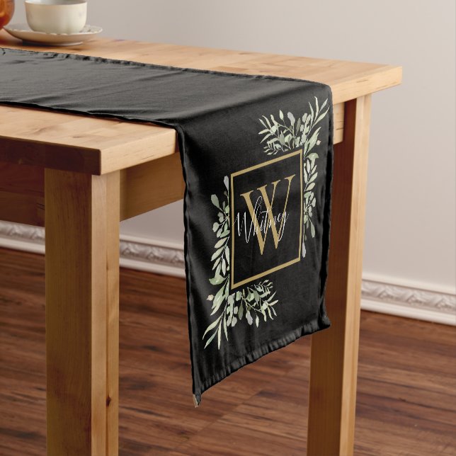 Personalisierter Schwarzer Monogramm-Grüner Kurzer Tischläufer (Beispiel)