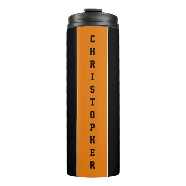 Personalisierter schwarzer Orangenstreifen Thermosbecher (Vorderseite)