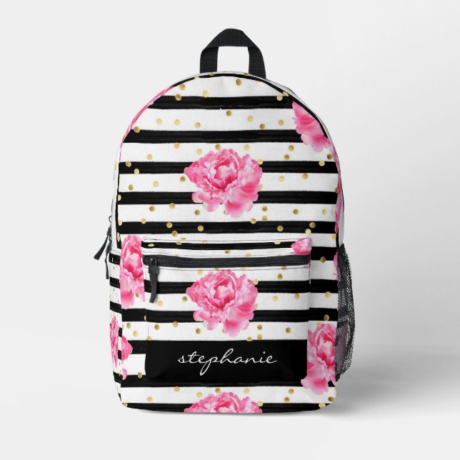 Personalisierter schwarzer Streifen und goldene Co Bedruckter Rucksack (Vorderseite)