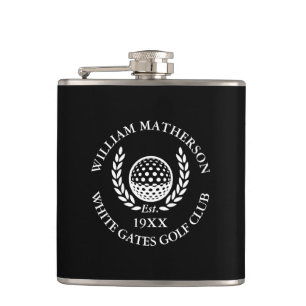 Personalisierter schwarzer und weißer Golfclub-Nam Flachmann