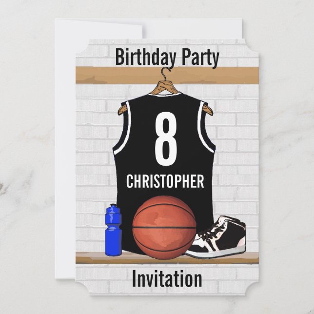 Personalisierter Schwarzweiss-Basketball Jersey Einladung (Vorderseite)