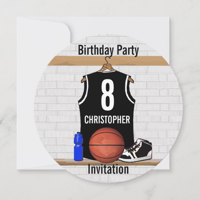 Personalisierter Schwarzweiss-Basketball Jersey Einladung (Vorderseite)