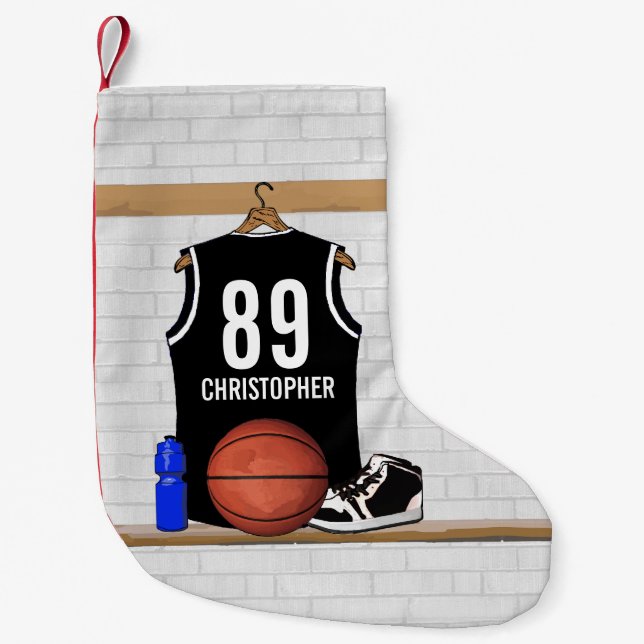 Personalisierter Schwarzweiss-Basketball Jersey Kleiner Weihnachtsstrumpf (Vorderseite)