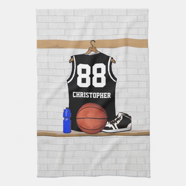 Personalisierter Schwarzweiss-Basketball Jersey Küchentuch (Vertikal)
