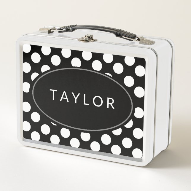 Personalisierter Schwarzweiss-Polka-PunktLunchbox Metall Lunch Box (Vorderseite)
