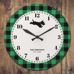 Personalisierter Scottie-Hund-Buffalo-Karo Grün Große Wanduhr