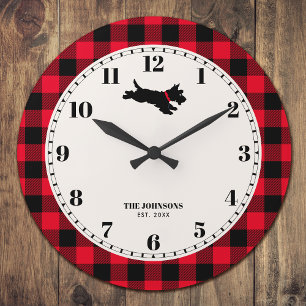 Personalisierter Scottie-Hund Buffalo Plaid Rot Große Wanduhr
