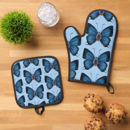 Personalisierter September Birth Blue Butterfly Ofenhandschuh & Topflappen-Set