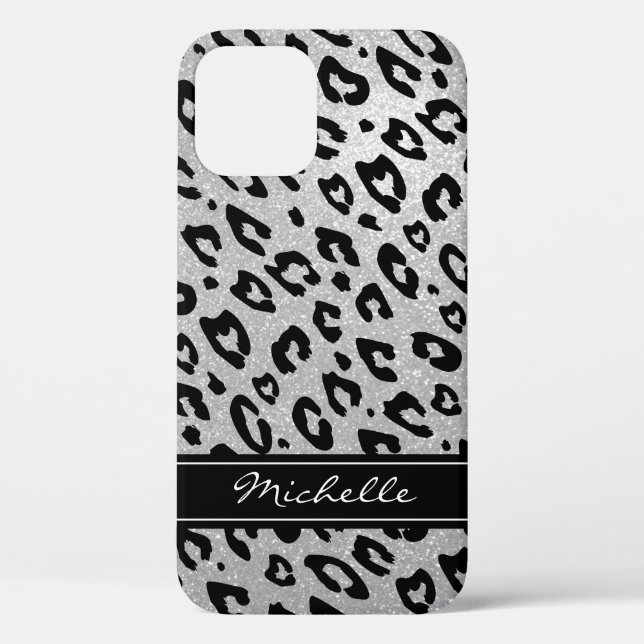 Personalisierter silber Glitzer Leopard iPhone 12  Case-Mate iPhone Hülle (Rückseite)