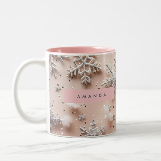 Personalisierter silberner Glitter-Schneeflocke Zweifarbige Tasse (Links)