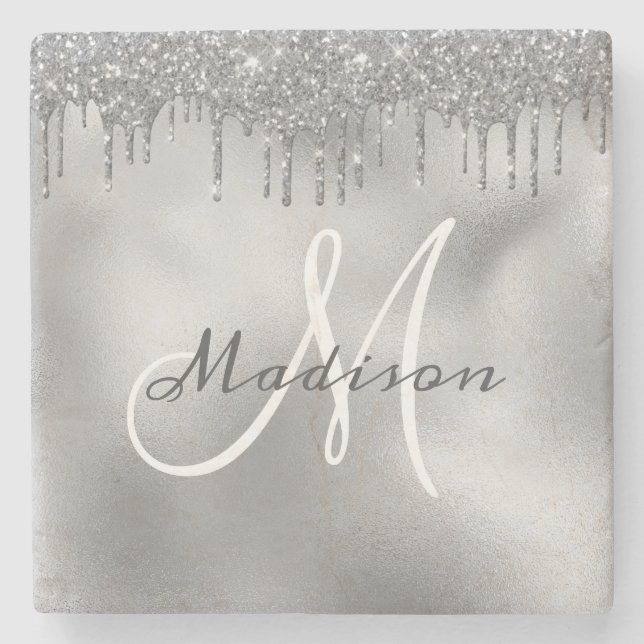Personalisierter Silver Glitzer Monogram benutzerd Steinuntersetzer (Vorderseite)